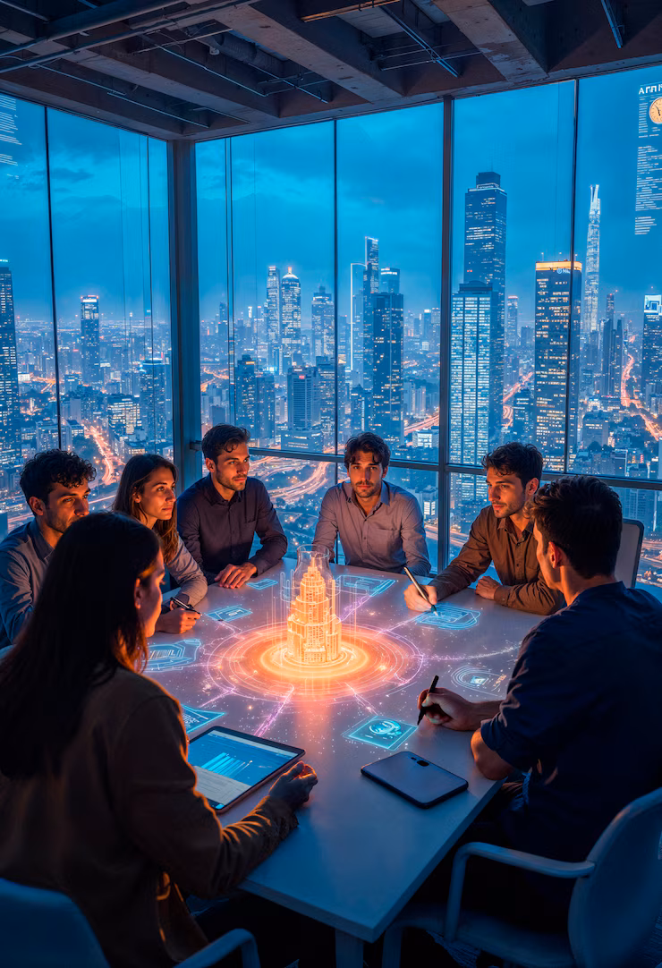 Futuristic business meeting with digital table cityscape view